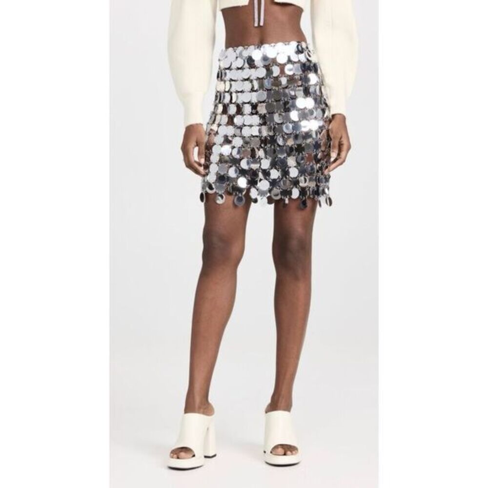 Paco Rabanne Womens Asymmetric Circular Sparkle Disc Mini Skirt Silver XS